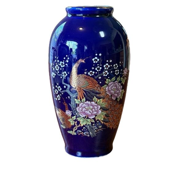 Vintage Hand Painted Ceramic Japanese Cobalt Blue and Gold Peacock Vase 6” - Picture 1 of 10